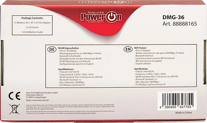 Inter-Tech PowerOn DMG-36, 2.4GHz/5GHz/6GHz WLAN, Bluetooth 5.3, PCIe 2.0 x1