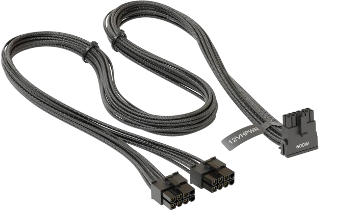 Seasonic 12VHPWR Cable, 600W PCIe 5.0 12VHPWR, 2x 8-Pin PCIe Stecker auf 16-Pin PCIe 5.0 12VHPWR Stecker, Adapterkabel, schwarz, 90° gewinkelt, 75cm