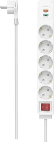 Hama Steckdosenleiste mit Schalter und Winkel-Flachstecker, 5-fach, 1x USB-A/1x USB-C 18W USB-PD/QC, 1.4m, weiß