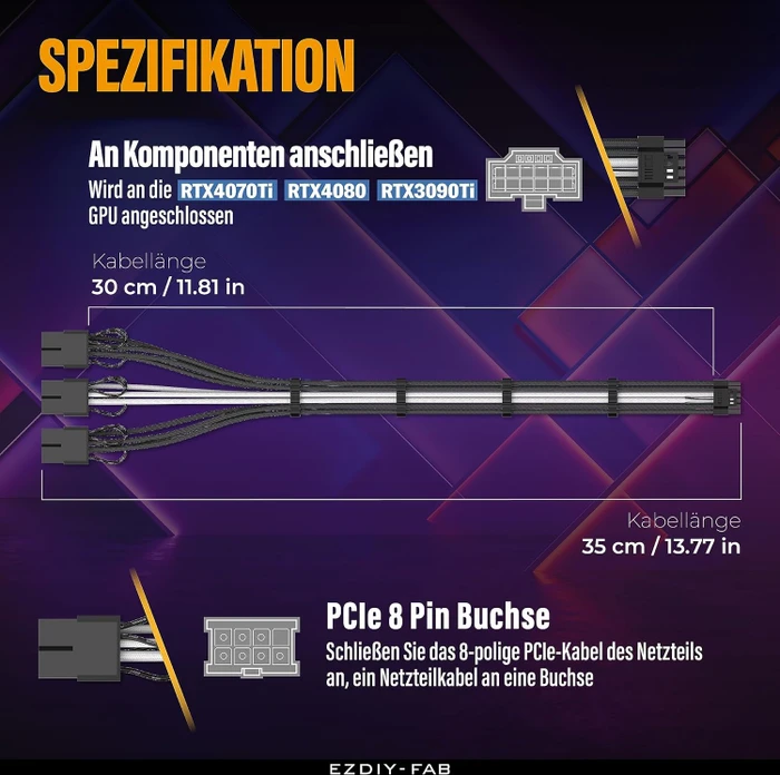 EZDIY-FAB 12VHPWR Kabel, 3x 8-Pin PCIe Buchse auf 16-Pin PCIe 5.0 12VHPWR Stecker, Adapterkabel, 16AWG, schwarz/weiß, 35cm