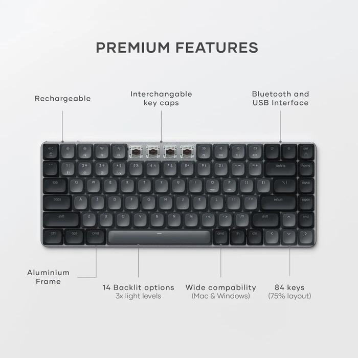 Satechi SM1 Slim Mechanical Backlit BT Keyboard, Dark, grau/schwarz, low-profile BROWN Switches, USB/Bluetooth, US