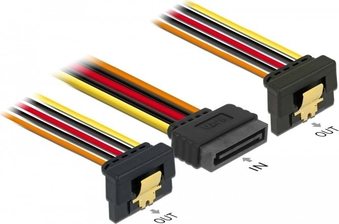 DeLOCK 15-Pin SATA Strom Stecker auf 2x 15-Pin SATA Strom Buchse, Adapterkabel, gewinkelt, 30cm