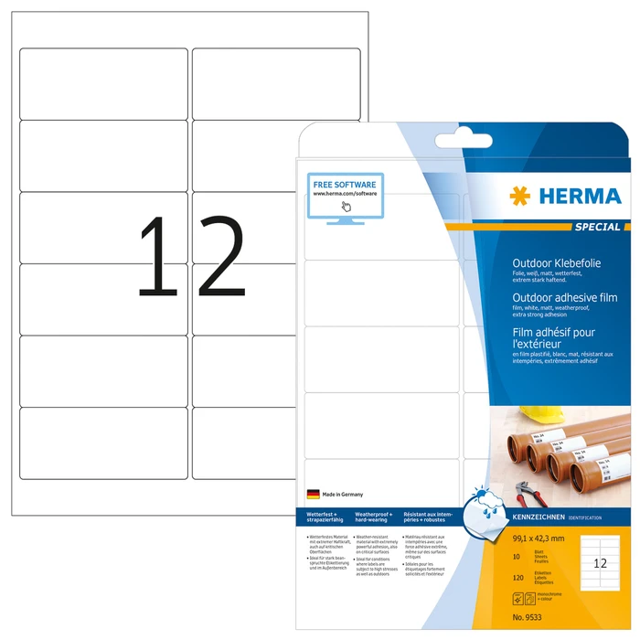 Herma Etiketten Outdoor, 99.1x42.3mm, wetterfest, weiß, matt, 10 Blatt (120 Etiketten)