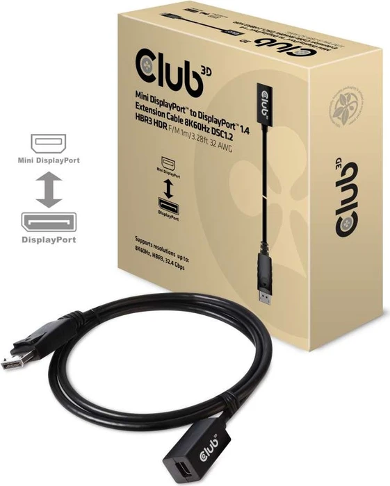 Club 3D DisplayPort/Mini DisplayPort 1.4 Verlängerungskabel 8K60Hz DSC1.2 HBR3 HDR schwarz, 1m