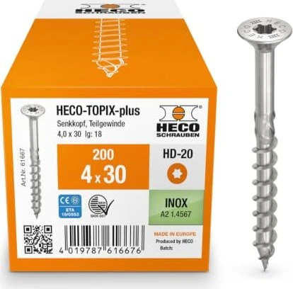 HECO TOPIX-plus Edelstahl A2 Torx T20 Holzschraube, 4x30mm, 200 Stück