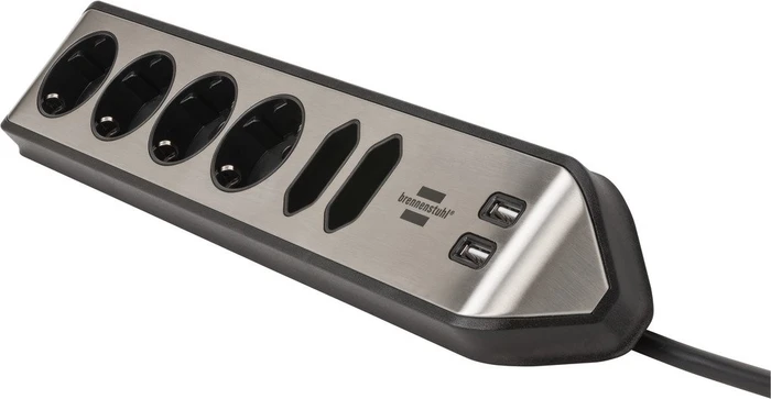 Brennenstuhl estilo Ecksteckdosenleiste, Tischsteckdose, 6-fach, 2x USB-A, 2m, silber/schwarz