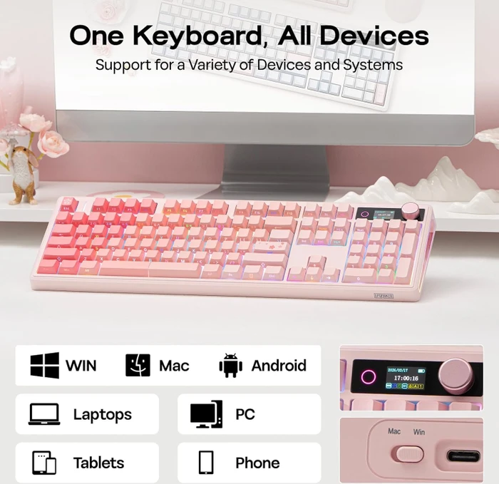 Epomaker TH108 V2 Pro Wireless, Pink, LEDs RGB, hot-swap, Epomaker Sea Salt Silent V2, USB/Bluetooth, US