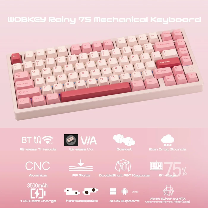 Wobkey Rainy 75 Standard, rosa, LEDs RGB, HMX Violet Linear, USB/Bluetooth, US