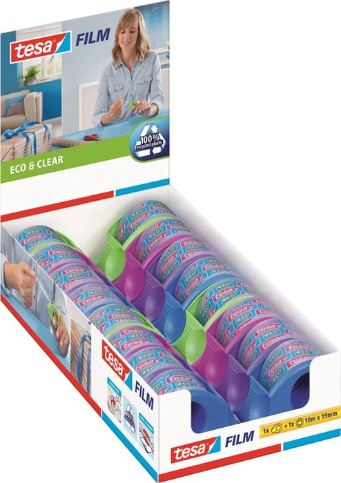 tesa tesafilm eco & clear transparent, Klebestreifen-Abroller/Klebestreifen, 19mm/10m, 16 Stück