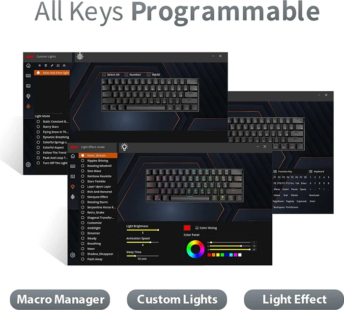 RK Royal Kludge RK61 60% Wireless, schwarz, LEDs RGB, hot-swap, RK RED, USB/Bluetooth, US