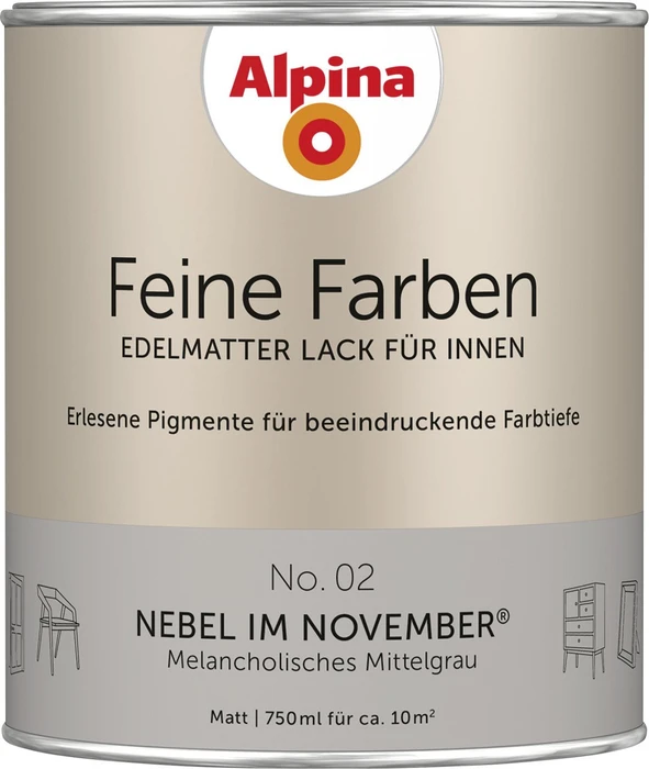 Alpina Farben Feine Farben Lack No. 02 Nebel im November innen mittelgrau edelmatt, 750ml