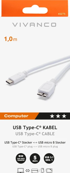 Vivanco USB 3.0 Adapterkabel, USB 3.0 Micro-B [Stecker] auf USB-C 3.0 [Stecker], 1m