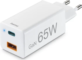Hama Schnellladegerät GaN 1x USB-C PD 1x USB-A QC Mini-Ladegerät 65W weiß