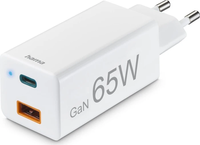 Hama Schnellladegerät GaN 1x USB-C PD 1x USB-A QC Mini-Ladegerät 65W weiß