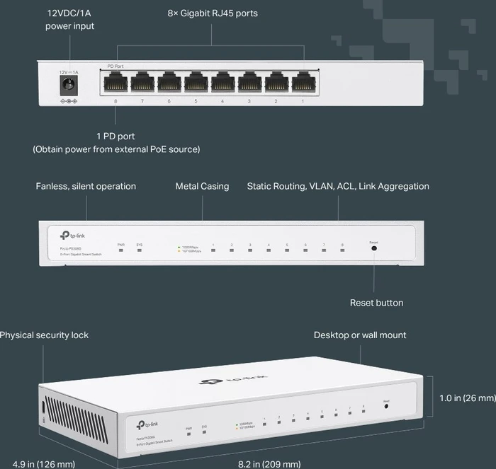 TP-Link Festa FS300 Desktop Gigabit Smart Switch, 8x RJ-45, PoE+ PD