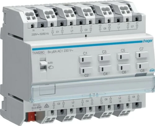 Hager Rollladen-/Jalousieaktor 8-fach, 230V, 6TE REG, Schaltaktor