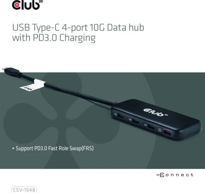 Club 3D 4-Port 10G Daten-Hub mit PD3.0 Ladefunktion, USB-C 3.1 [Stecker]