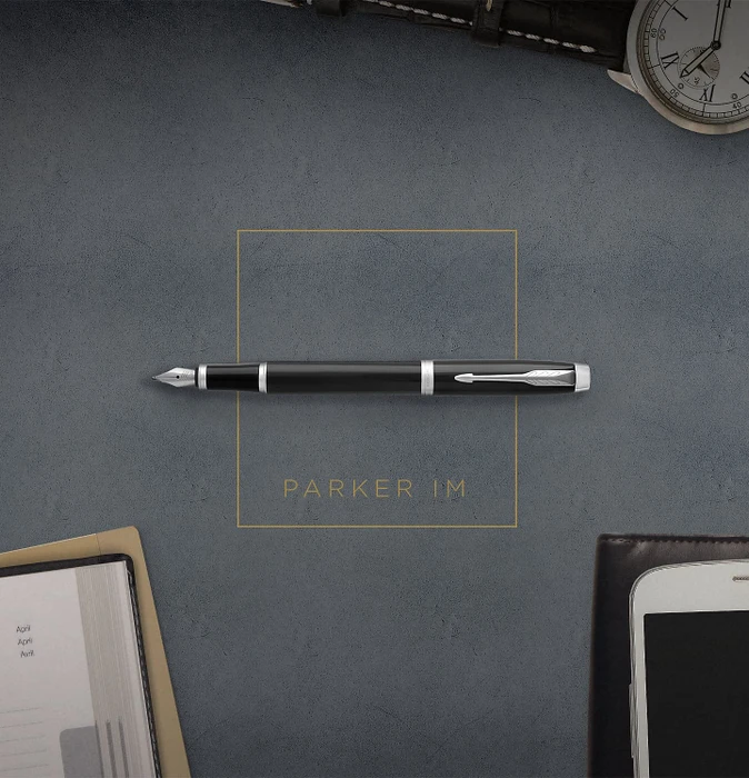 Parker IM brushed metal/gold trim, rechte Hand, fein, Geschenkbox