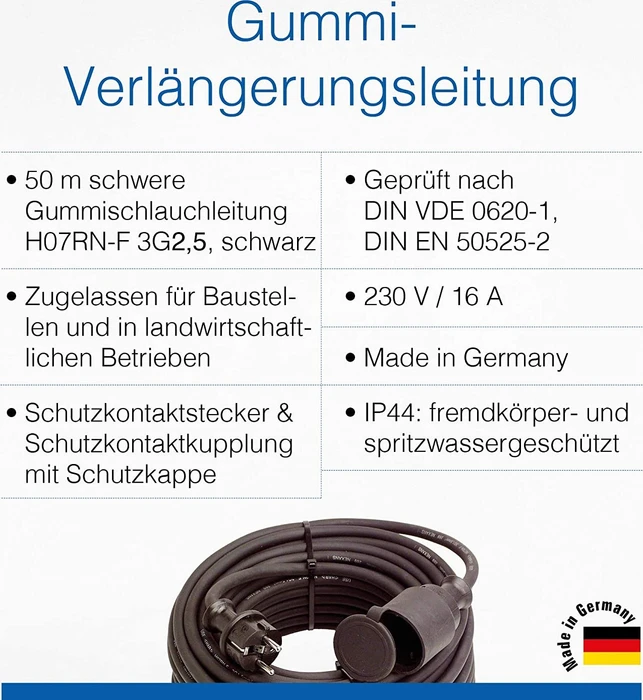 as-Schwabe Gummi Verlängerungskabel IP44 schwarz, H07RN-F 3G2.5, 50m