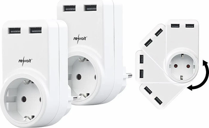 Revolt Steckdose mit 360° drehbarem Doppel-USB-Netzteil, 2x USB, 1-fach, 2er-Pack, weiß
