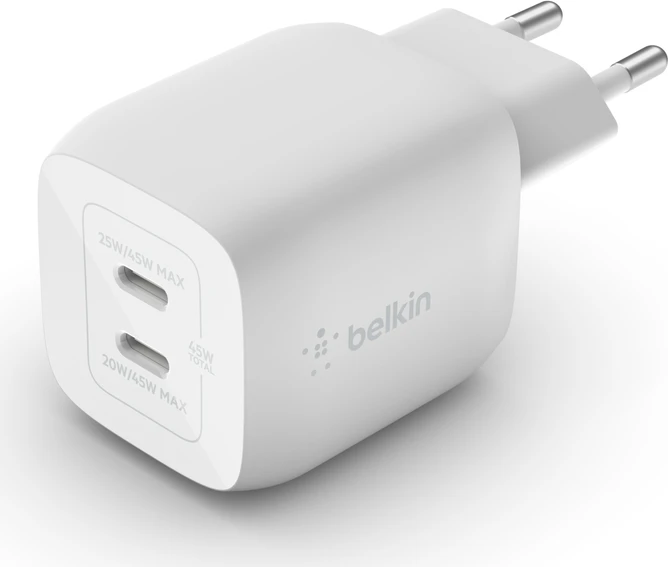 Belkin BoostCharge Pro USB-C-GaN-Ladegerät mit zwei Anschlüssen und PPS (45W) weiß