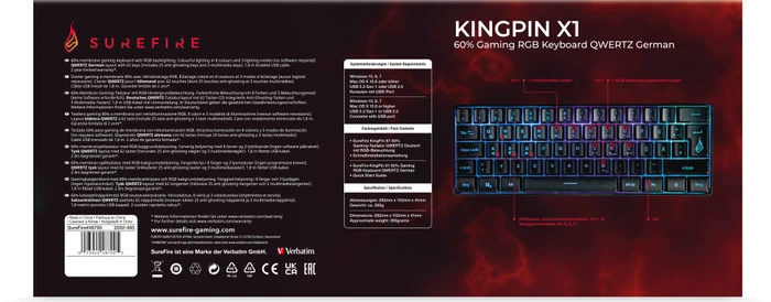 Verbatim SureFire KingPin X1 60% Gaming Keyboard, LEDs RGB, schwarz, USB, US