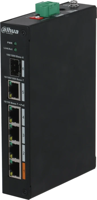 Dahua PFS31 Industrial Railmount Switch, 5x RJ-45, 1x SFP, 60W Hi-PoE