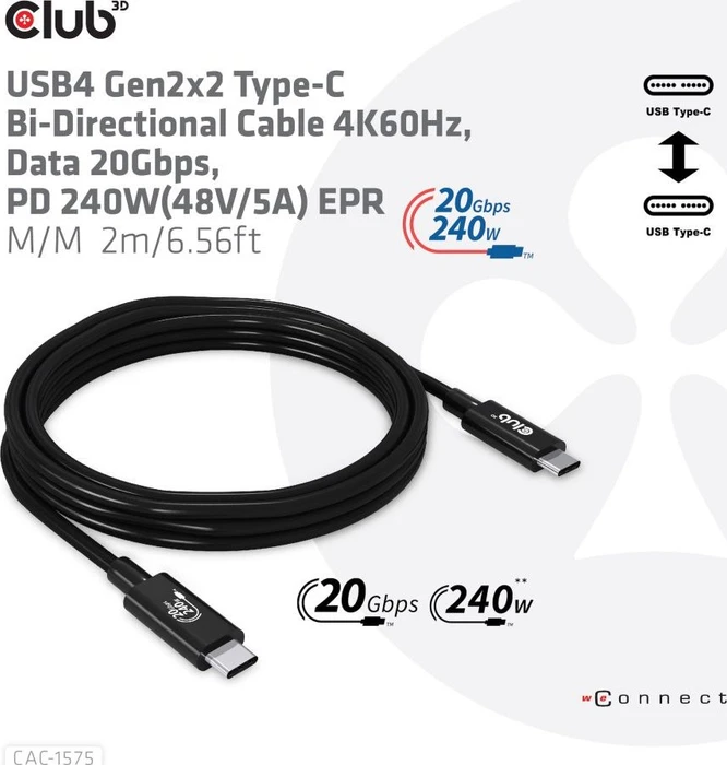 Club 3D USB-C 3.2 Kabel, 20Gb/s, 4K60Hz, 240W PD EPR, USB-C 3.2 Stecker auf USB-C 3.2 Stecker, 2m