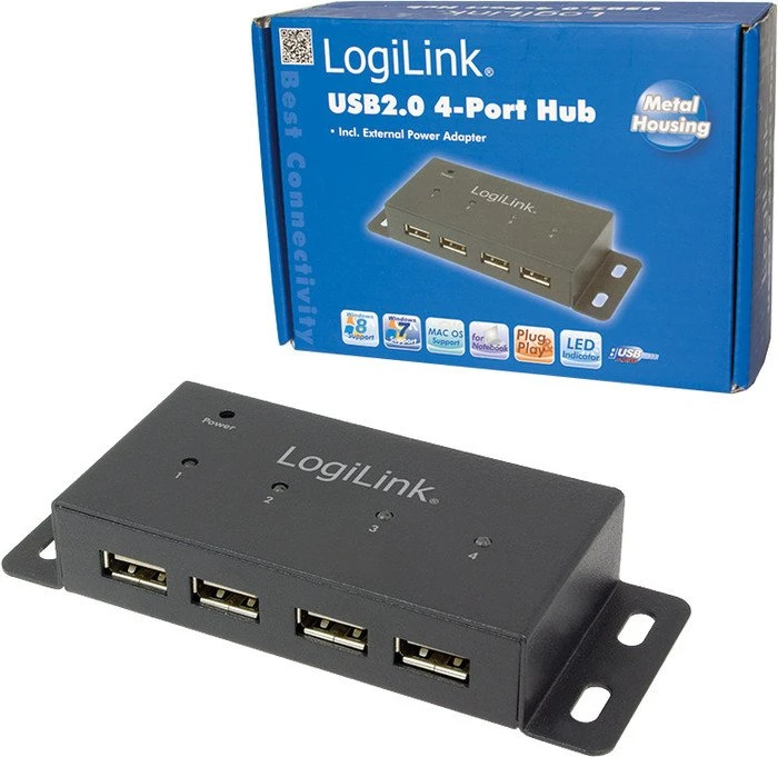 LogiLink Wallmount USB-Hub, 4x USB-A 2.0, USB 2.0 Mini-B [Buchse]