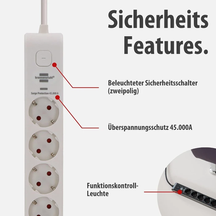 Brennenstuhl Überspannungsschutz-Steckdosenleiste, 6-fach, 1x USB-A/2x USB-C USB-PD, 2m, weiß