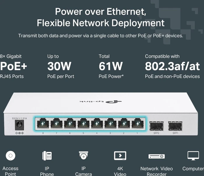 TP-Link Festa FS300 Desktop Gigabit Smart Switch, 8x RJ-45, 2x SFP, 61W PoE+