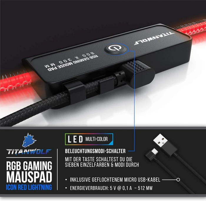 Titanwolf Icon Red Lightning RGB Gaming XXL Mauspad, 800x300mm, schwarz