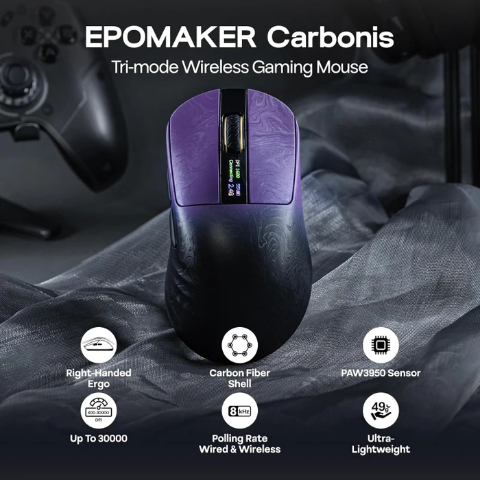 Epomaker Carbonis 8KHz Wireless Gaming Mouse, Black Purple, USB/Bluetooth