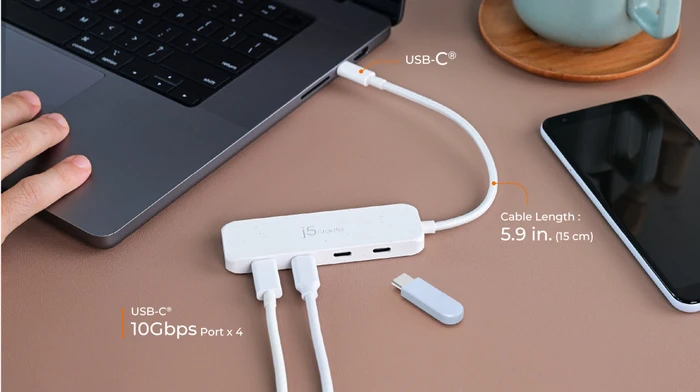 j5create Eco-Friendly 4-in-1 USB-C Hub blau, 4x USB-C 3.1, USB-C 3.1 [Stecker]