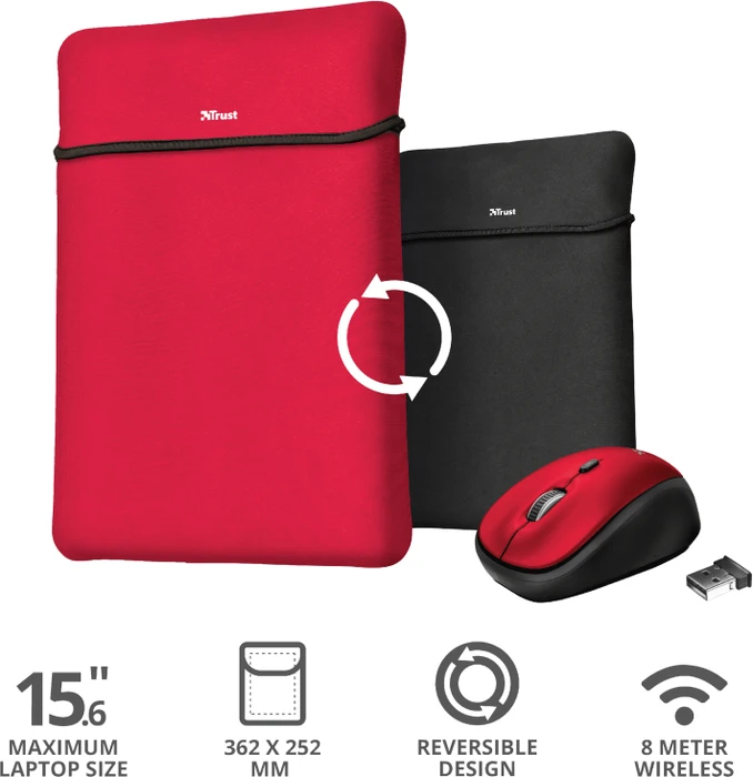 Trust Yvo Wireless Mouse Set mit Wendehülle für 15.6" Laptops, rot, USB