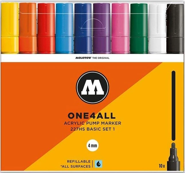 Molotow ONE4ALL 227HS 4mm Acrylmarker Basic-Set 1 sortiert, 10er-Set, Etui