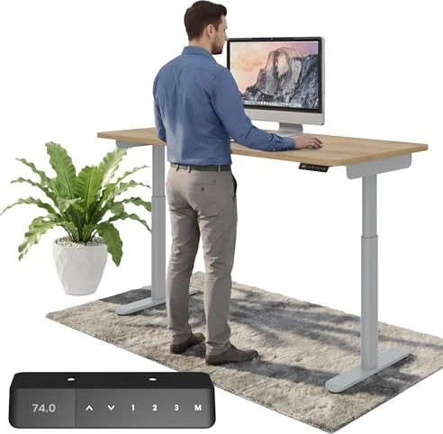 Ergotopia Desktopia One elektrisch höhenverstellbarer Sitz-Steh-Schreibtisch 138x65cm Eiche/grau