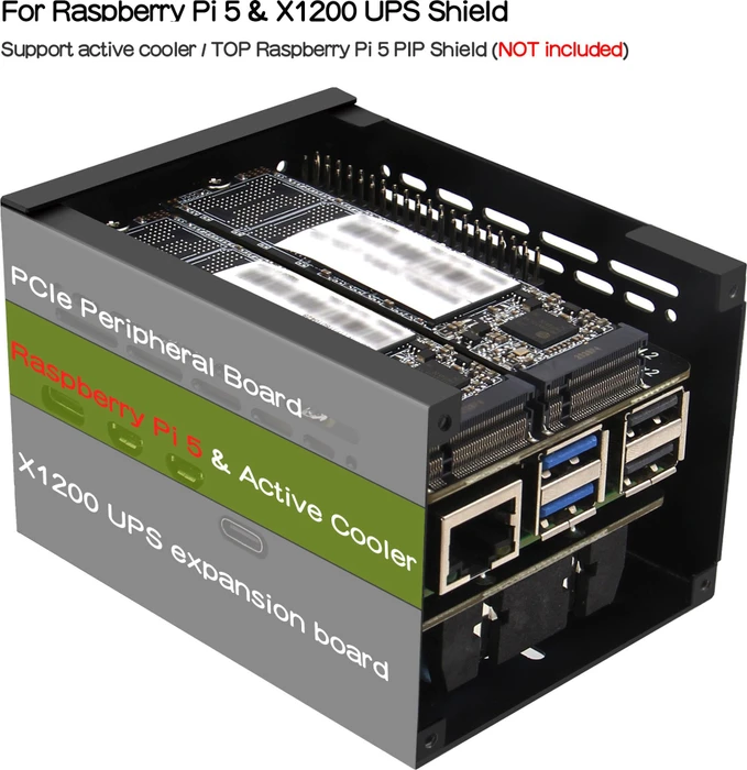 Geekworm Gehäuse für Raspberry Pi 5 X1200 Shield, schwarz