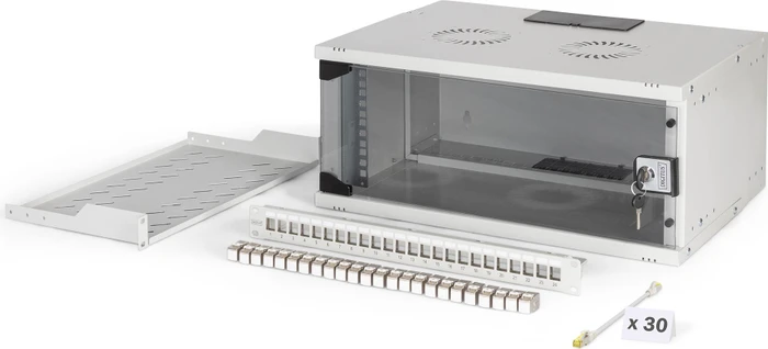 Digitus Professional SoHo Pro Line 19" Wandgehäuse SET 4HE, unmontiert, Sicherheitsglastür, IP20, RAL 7035, 400mm tief