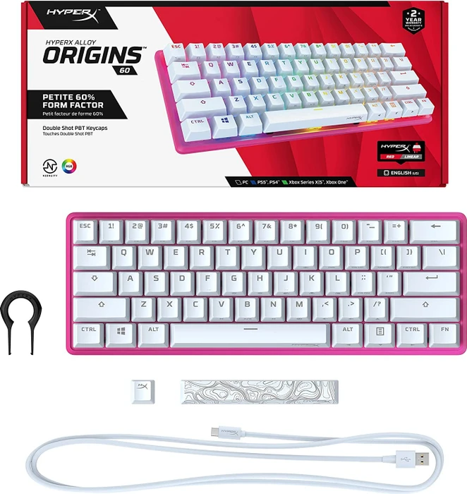 HP HyperX Alloy Origins 60 pink, LEDs RGB, HyperX RED, USB, US