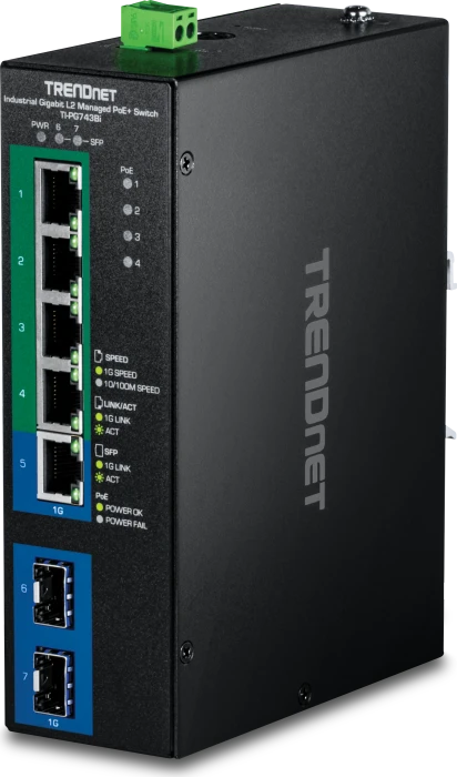 TRENDnet TI Hardened Industrial Railmount Gigabit Switch, 5x RJ-45, 2x SFP, 120W PoE+
