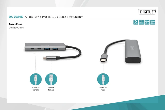 Digitus USB-C Hub, 2x USB-C 3.1, 2x USB-A 3.1, USB-C 3.1 [Stecker]