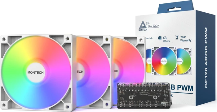 Montech GF120 ARGB PWM, weiß, Lüftersteuerung, 120mm, 3er-Pack
