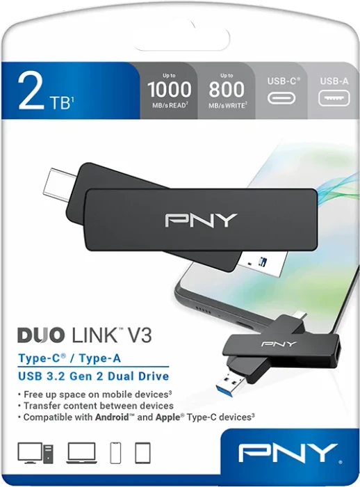 PNY Duo Link V3 2TB, USB-A + USB-C, USB 3.2 Gen 2×1
