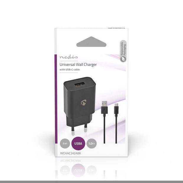 Nedis 12W USB-Universal-Ladegerät inkl. USB-C-Kabel schwarz