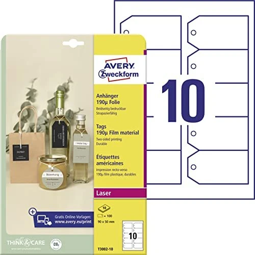 Avery-Zweckform Folienanhänger trapezförmig mit Öse und Fäden, 90x50mm, wetterfest, weiß, 10 Blatt (100 Stück)