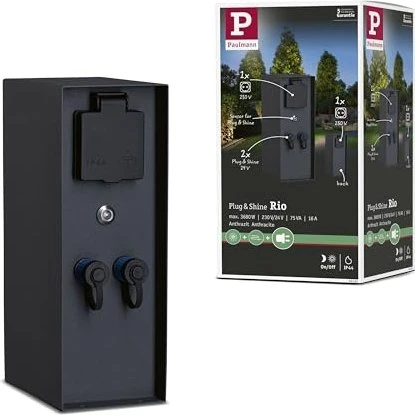 Paulmann Plug & Shine Steckdosensäule Rio mit Dämmerungssensor IP44, 2-fach, anthrazit