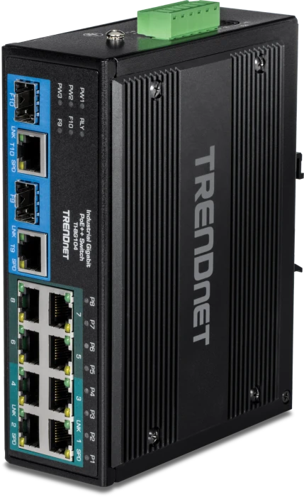 TRENDnet TI Hardened Industrial Railmount Gigabit Switch, 8x RJ-45, 2x RJ-45/SFP, 360W PoE++