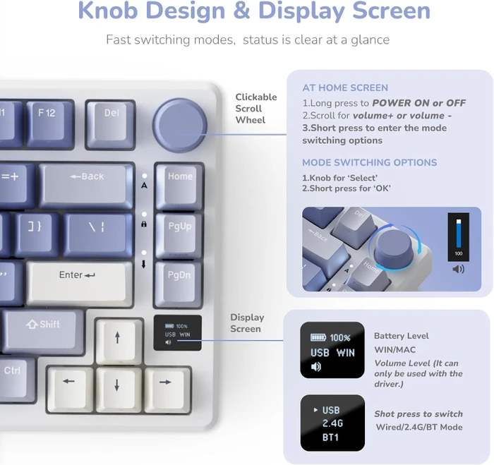 RK Royal Kludge M75 Wireless, weiß/violett, LEDs RGB, hot-swap, RK FAST SILVER, USB/Bluetooth, US