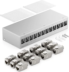 deleyCON Patchpanel Gehäuse für Keystone Module, 1HE, inkl. RJ-45 Cat6a Module, 12-Port, 1HE